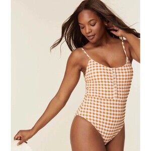 ANDIE SWIM- The Snap One Piece Brown Orange Gingham Swimsuit Size M